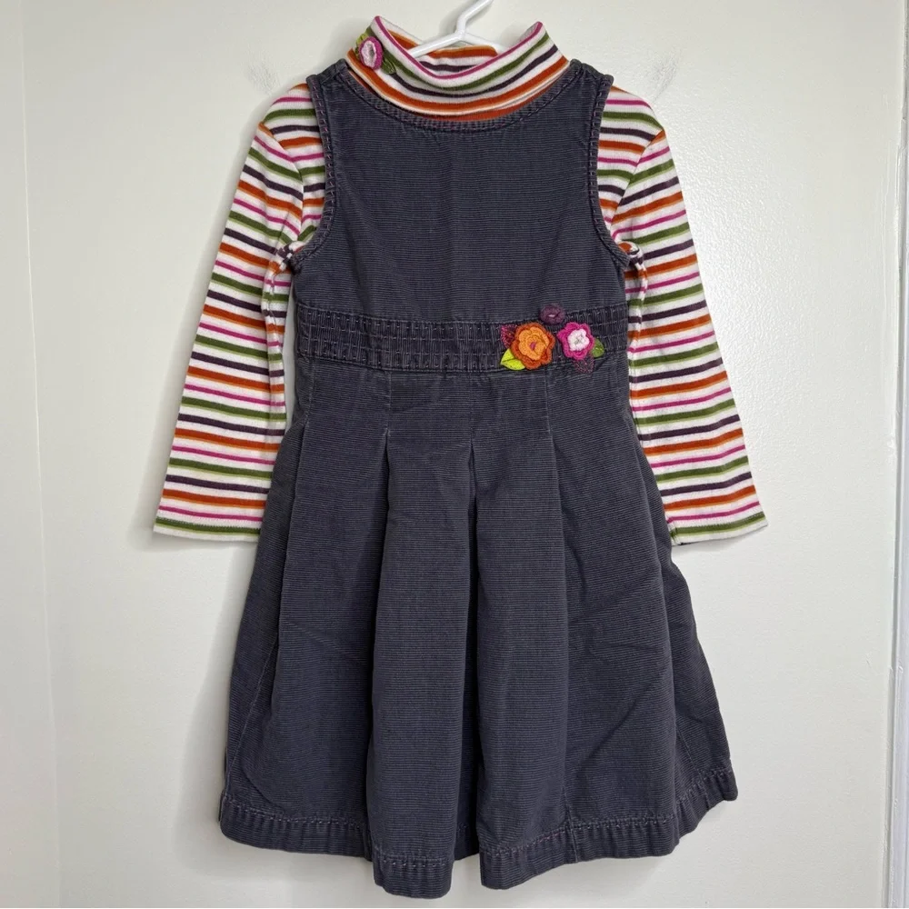 Gymboree Gray Corduroy Jumper Dress W/ Striped Turtleneck Size 4T Cotton Floral